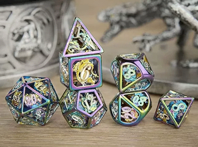 Rainbow with White Enamel Hollow Metal Dragon Polyhedral Dice Set