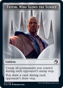 Teferi, Who Slows the Sunset Emblem [Innistrad: Midnight Hunt Tokens]