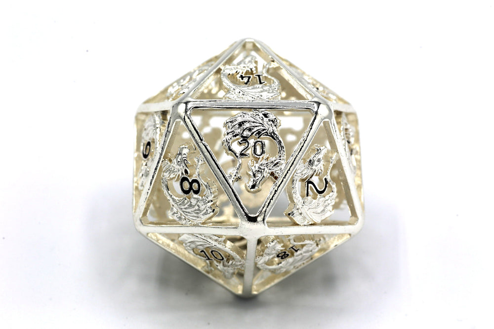 Titan Giant Silver and Black Hollow Dragon Metal D20 Dice 50mm