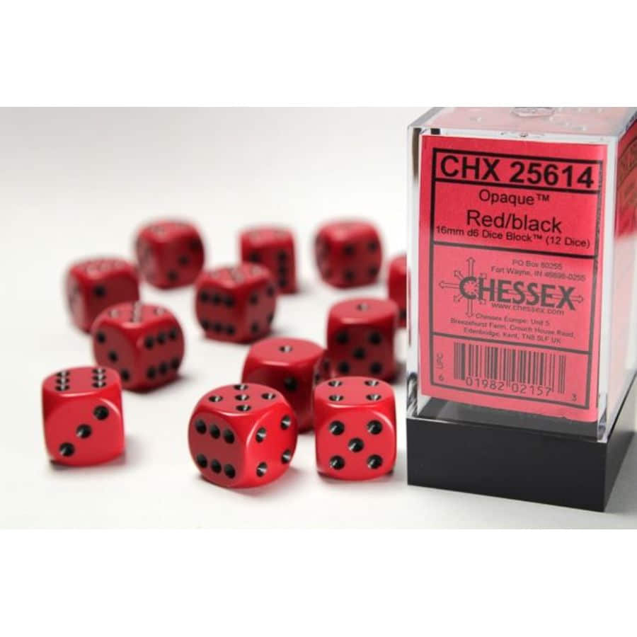 Chessex Opaque Red with Black 16mm d6 Dice Block (12 Dice)