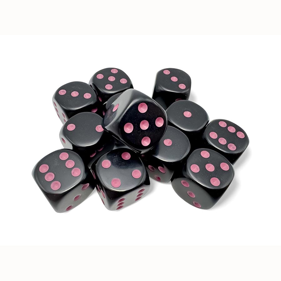 Chessex Opaque Black with Pink 16mm d6 Dice Block (12 Dice)