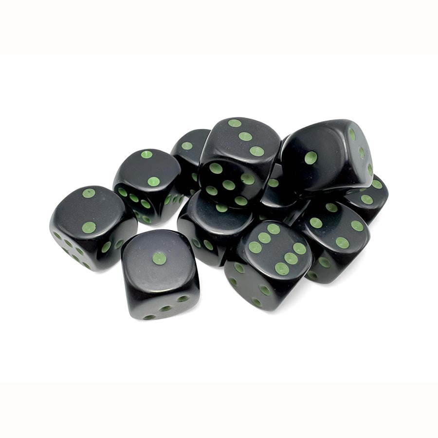 Chessex Opaque Black with Green 16mm d6 Dice Block (12 Dice)