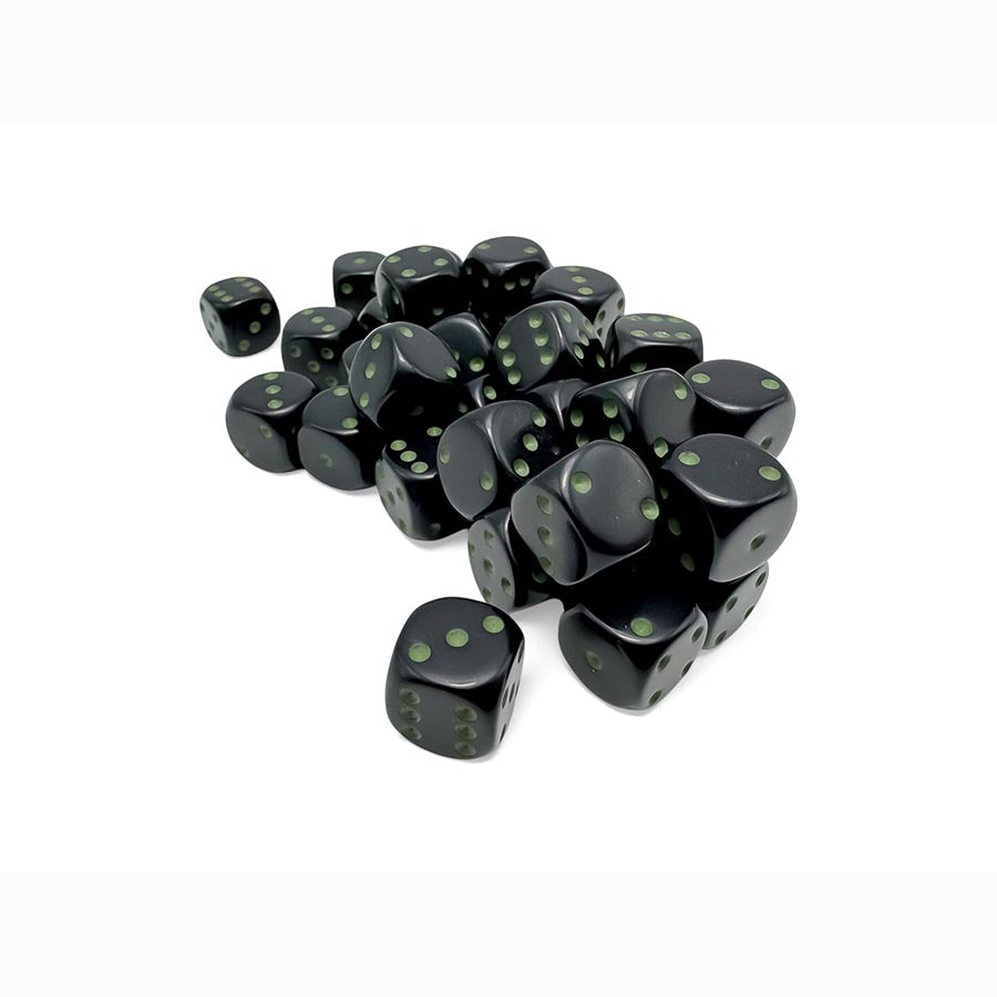 Chessex Opaque Black with Green 12mm d6 Dice Block (36 Dice)