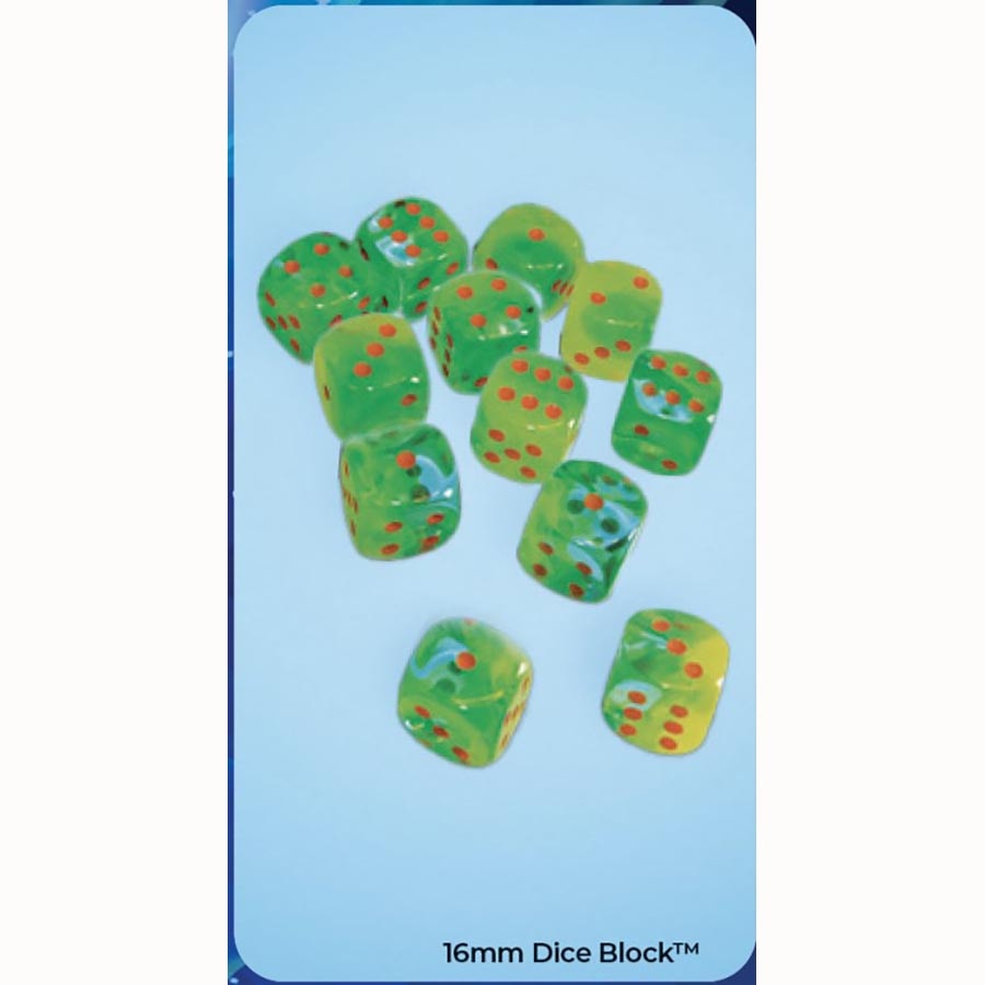 Chessex Gemini Plasma Green-Teal with Orange 16mm d6 Dice Block (12 Dice)