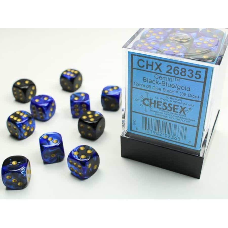 Chessex Gemini Black-Blue with Gold 12mm d6 Dice Block (36 Dice)