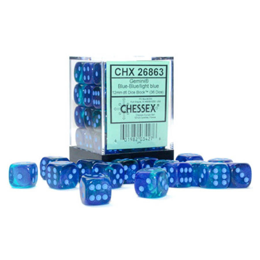 Chessex Gemini Luminary Blue-Blue with Light Blue 12mm d6 Dice Block (36 Dice)