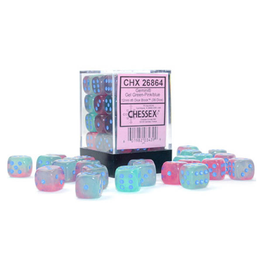 Chessex Gemini Luminary Gel Green-Pink with Blue 12mm d6 Dice Block (36 Dice)