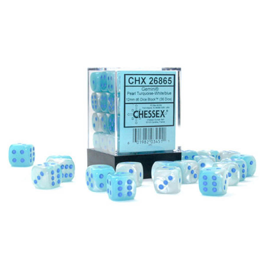 Chessex Gemini Luminary Pearl Turquoise-White with Blue 12mm d6 Dice Block (36 Dice)