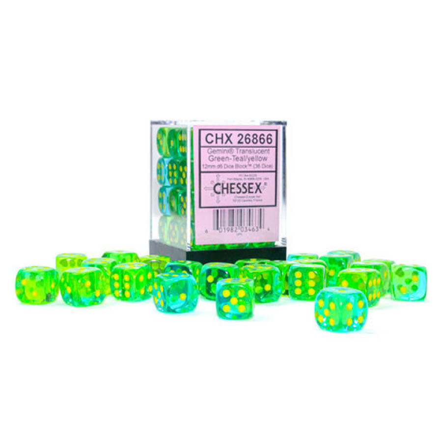 Chessex Gemini Translucent Green-Teal with Yellow 12mm d6 Dice Block (36 Dice)