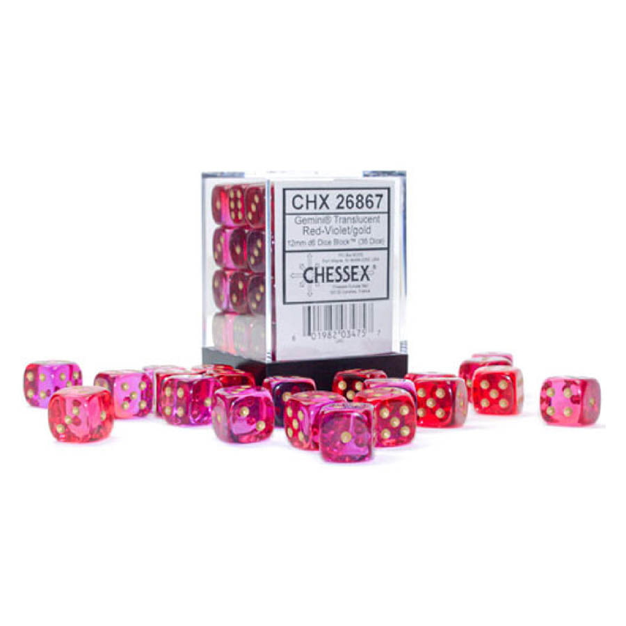 Chessex Gemini Translucent Red-Violet with Gold 12mm d6 Dice Block (36 Dice)