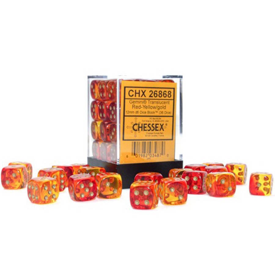 Chessex Gemini Translucent Red-Yellow with Gold 12mm d6 Dice Block (36 Dice)