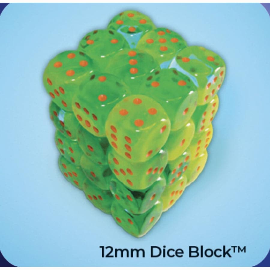 Chessex Gemini Plasma Green-Teal with Orange 12mm d6 Dice Block (36 Dice)