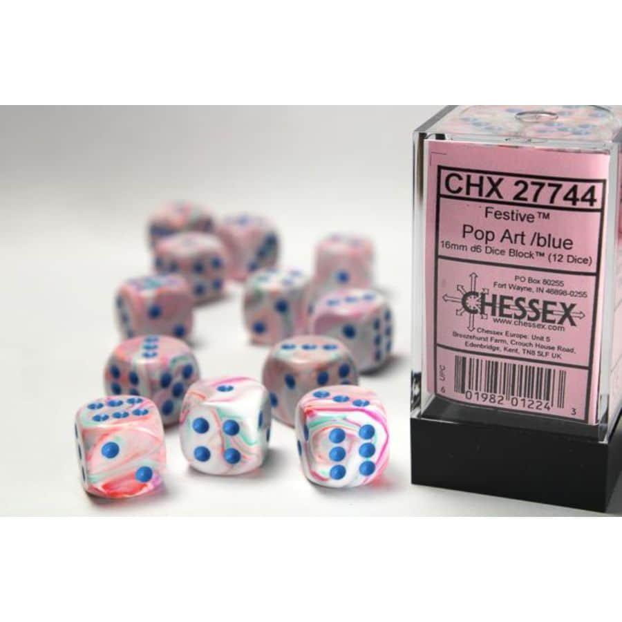 Chessex Festive Pop-Art with Blue 16mm d6 Dice Block (12 Dice)