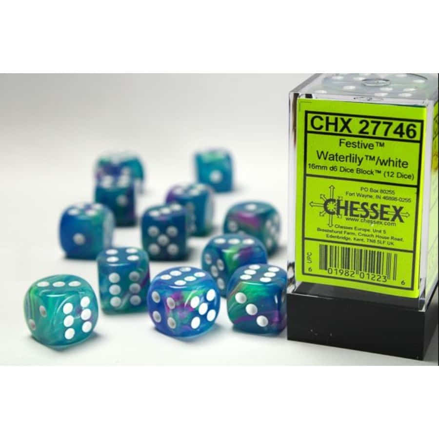 Chessex Festive Waterlily with White 16mm d6 Dice Block (12 Dice)