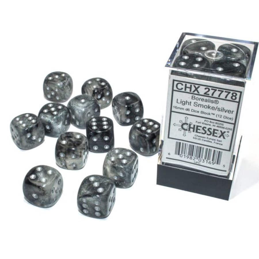 Chessex Borealis Luminary Light Smoke with Silver 16mm d6 Dice Block (12 Dice)