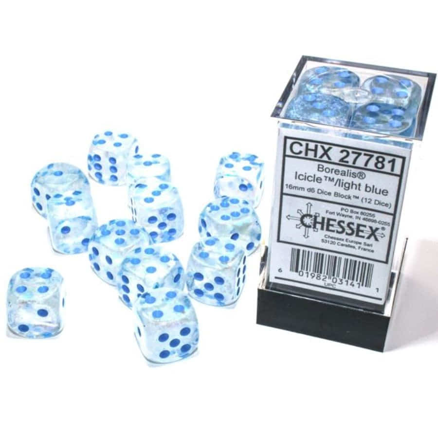 Chessex Borealis Luminary Icicle with Light Blue 16mm d6 Dice Block (12 Dice)