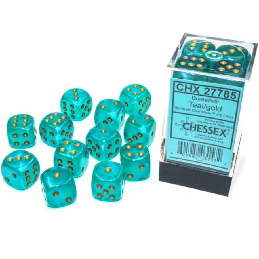 Chessex Borealis Luminary Teal with Gold 16mm d6 Dice Block (12 Dice)