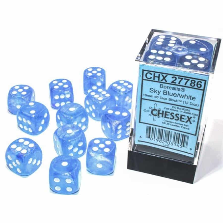 Chessex Borealis Luminary Sky Blue with White 16mm d6 Dice Block (12 Dice)