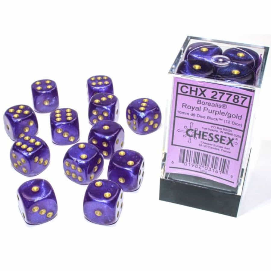 Chessex Borealis Luminary Royal Purple with Gold 16mm d6 Dice Block (12 Dice)