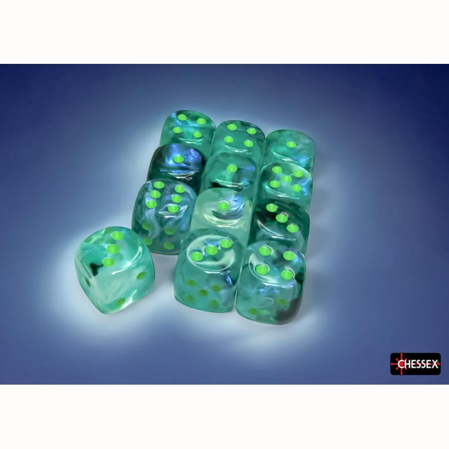 Chessex Borealis Luminary Kelp with Light Green 16mm d6 Dice Block (12 Dice)