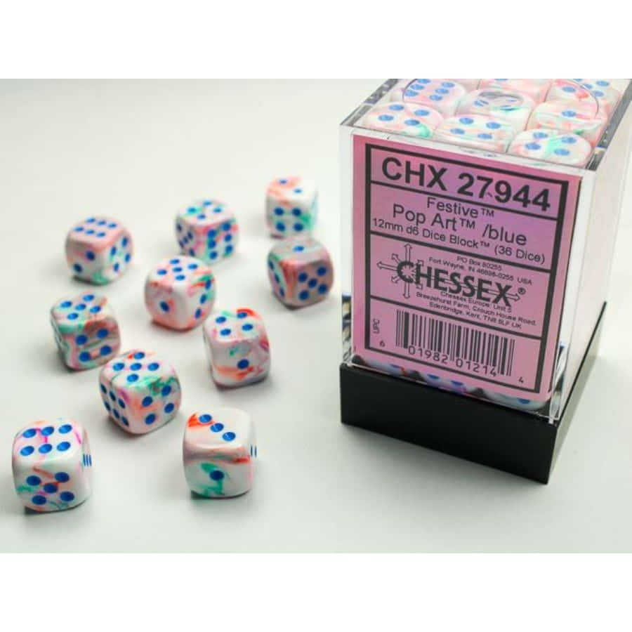 Chessex Festive Pop-Art with Blue 12mm d6 Dice Block (36 Dice)