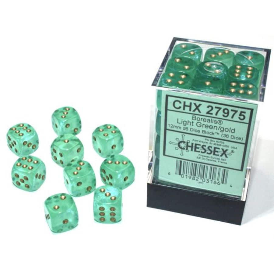 Chessex Borealis Luminary Light Green with Gold 12mm d6 Dice Block (36 Dice)