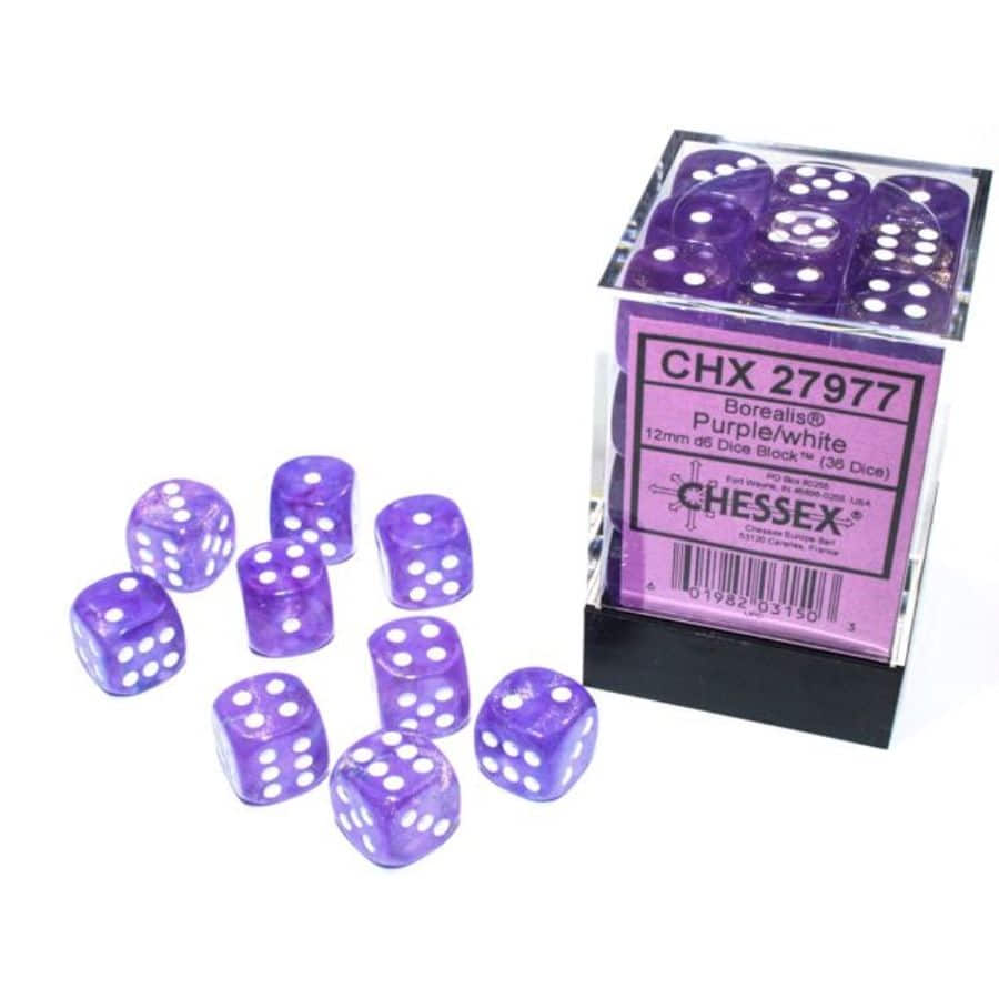 Chessex Borealis Luminary Purple with White 12mm d6 Dice Block (36 Dice)
