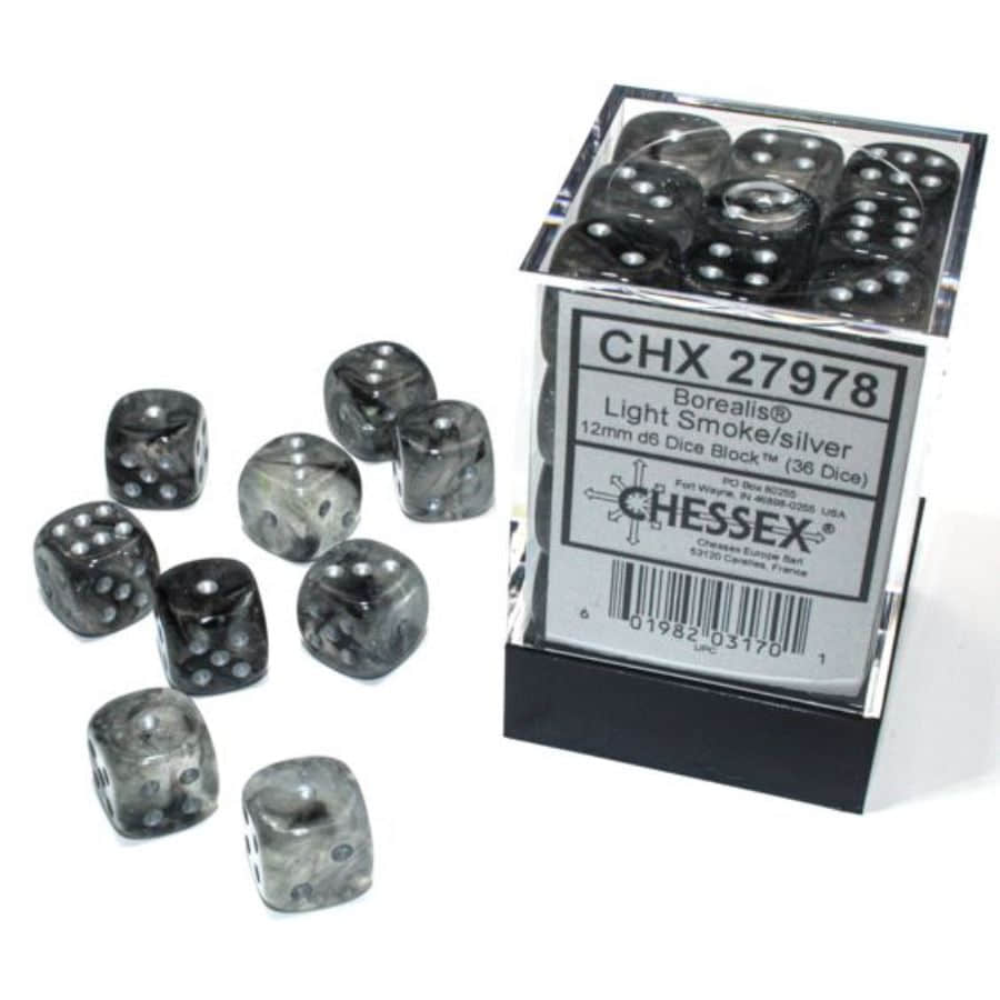 Chessex Borealis Luminary Light Smoke with Silver 12mm d6 Dice Block (36 Dice)