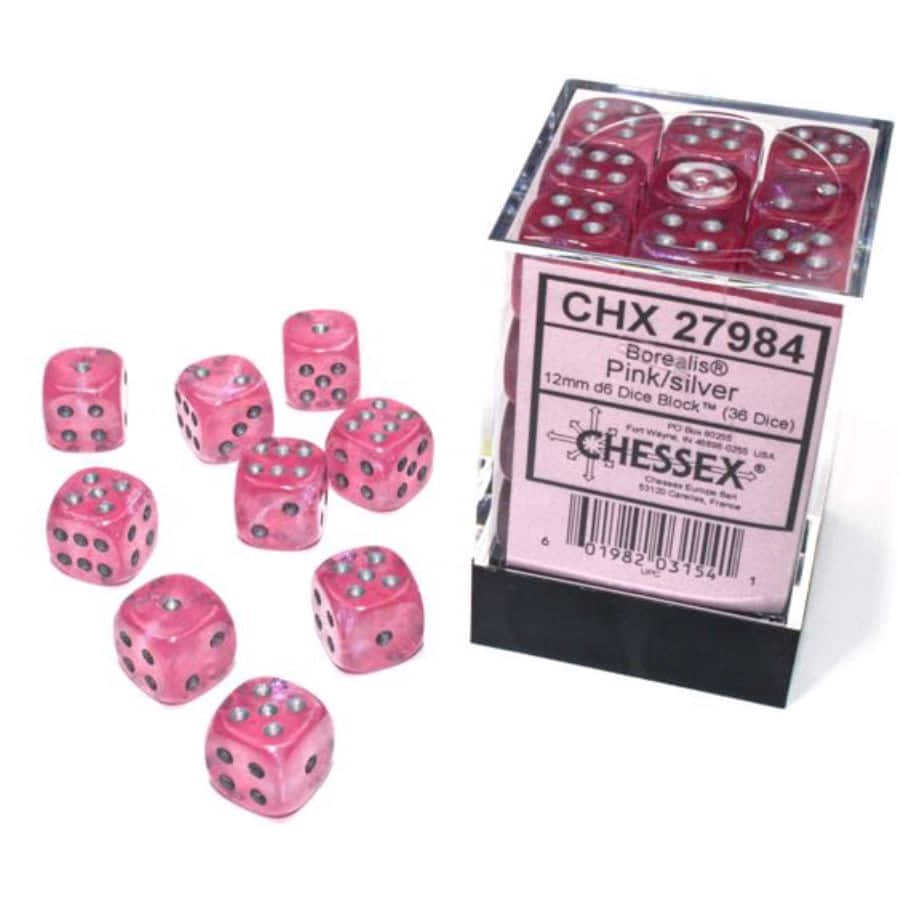 Chessex Borealis Luminary Pink with Silver 12mm d6 Dice Block (36 Dice)
