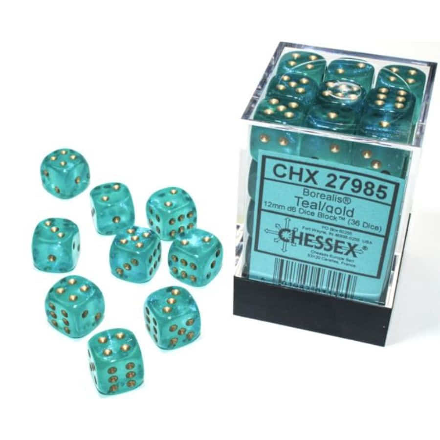 Chessex Borealis Luminary Teal with Gold 12mm d6 Dice Block (36 Dice)