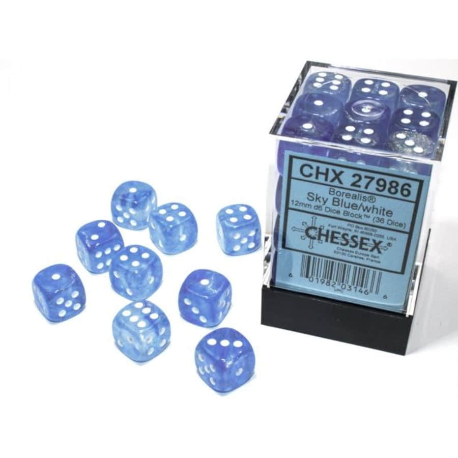 Chessex Borealis Luminary Sky Blue with White 12mm d6 Dice Block (36 Dice)