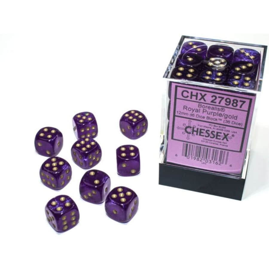 Chessex Borealis Luminary Royal Purple with Gold 12mm d6 Dice Block (36 Dice)