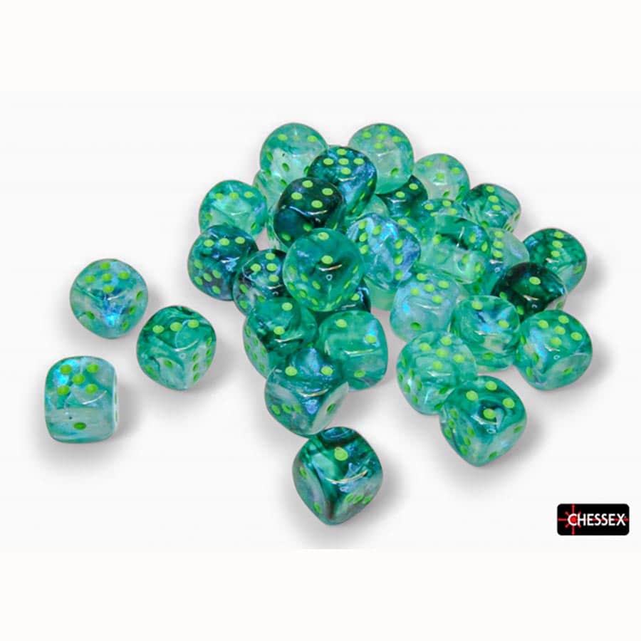 Chessex Borealis Luminary Kelp with Light Green 12mm d6 Dice Block (36 Dice)