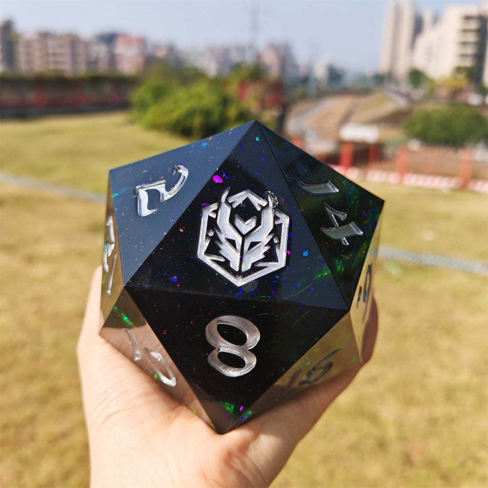Captured Magic: 100mm Chonk D20 Hand Sanded Sharp Edge Resin Die