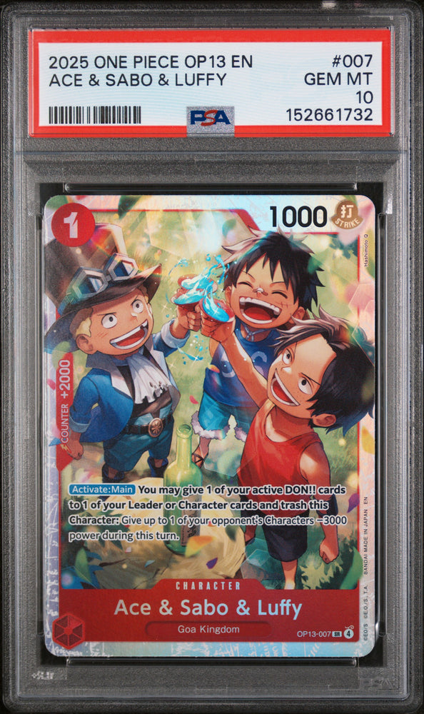 2025 One Piece OP13 Carrying On His Will Ace & Sabo & Luffy 007 - PSA GEM MT 10 - 152661732