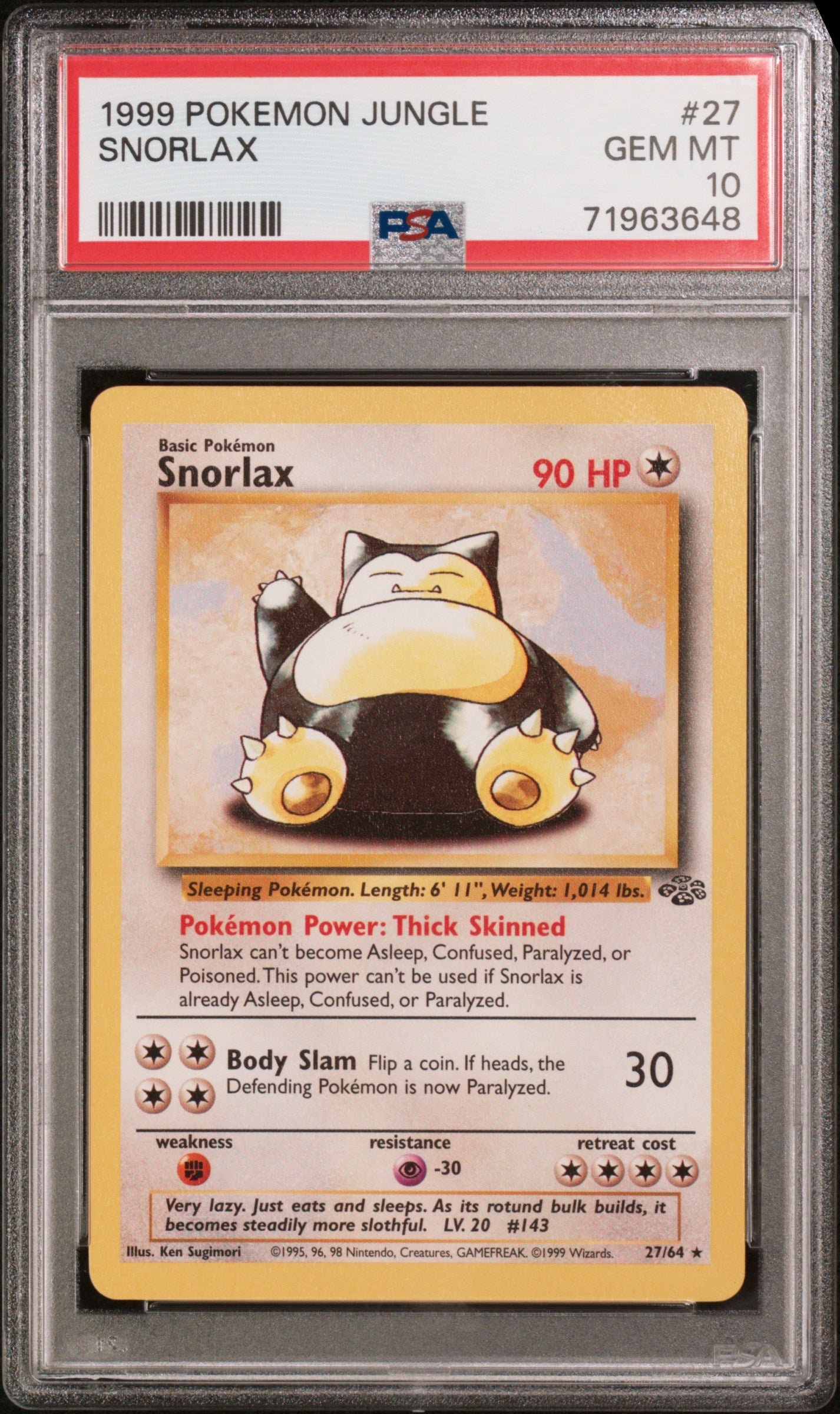 1999 Pokemon Jungle Snorlax 27 - PSA GEM MT 10 - 71963648