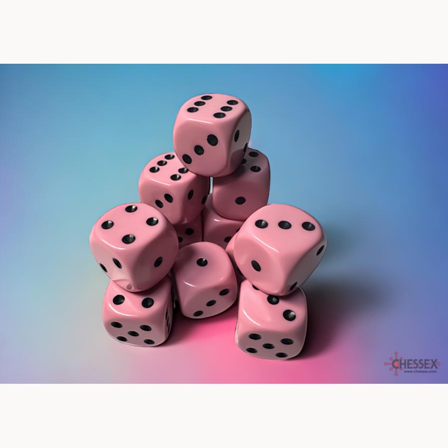 Chessex Opaque Pastel Pink with Black 16mm d6 Dice Block (12 Dice)