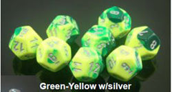 Chessex Gemini 12mm Gemini Green-Yellow with Silver; 36ct 12mm d6 Dice Block (36 Dice)