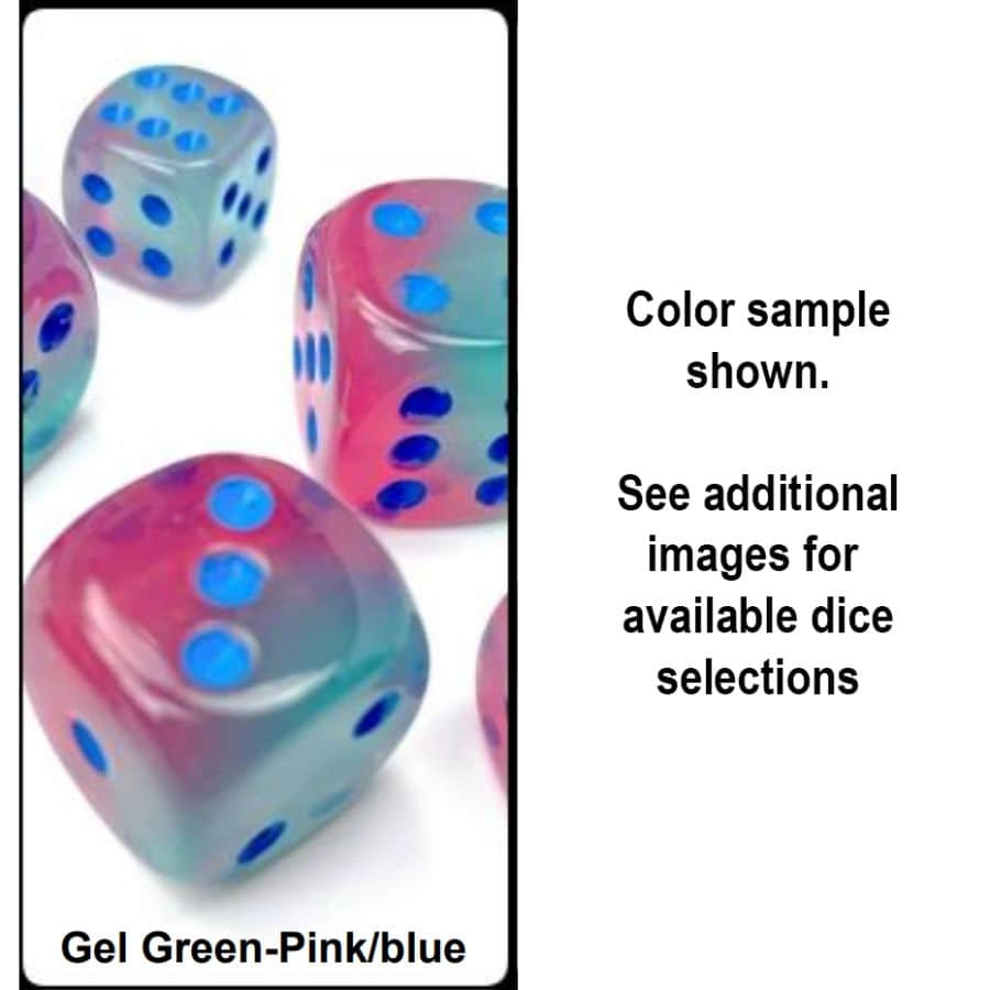 Chessex Gemini Luminary Gel Green-Pink with Blue 16mm d6 Dice Block (12 Dice)