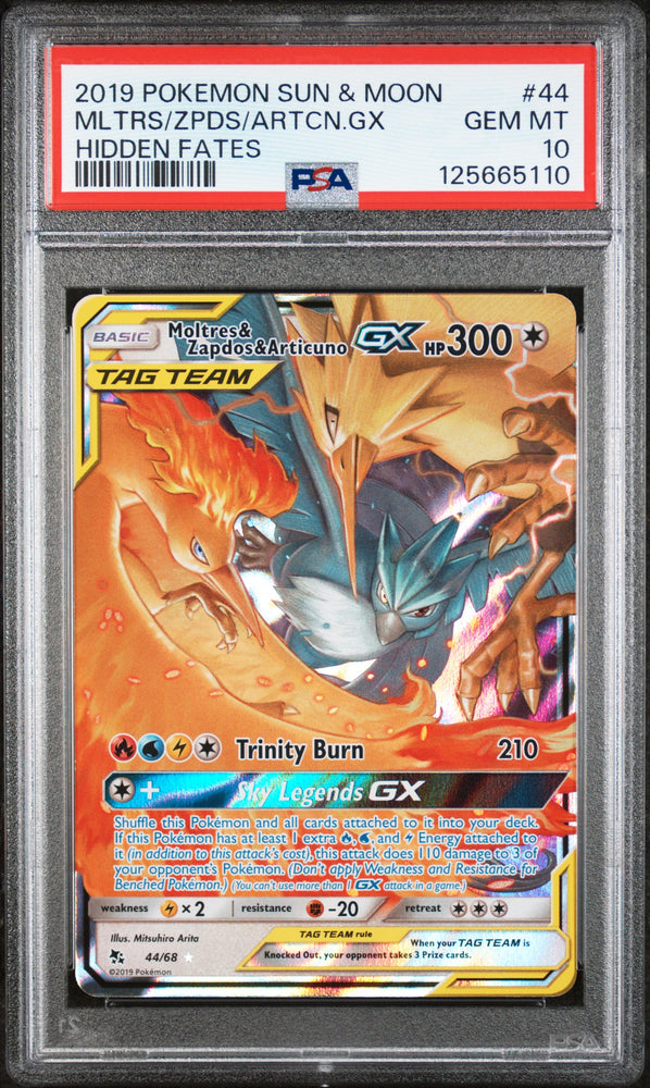 2019 Pokemon Sun & Moon Hidden Fates Moltes & Zapdos & Articuno 44 - PSA GEM MT 10 - 125665110